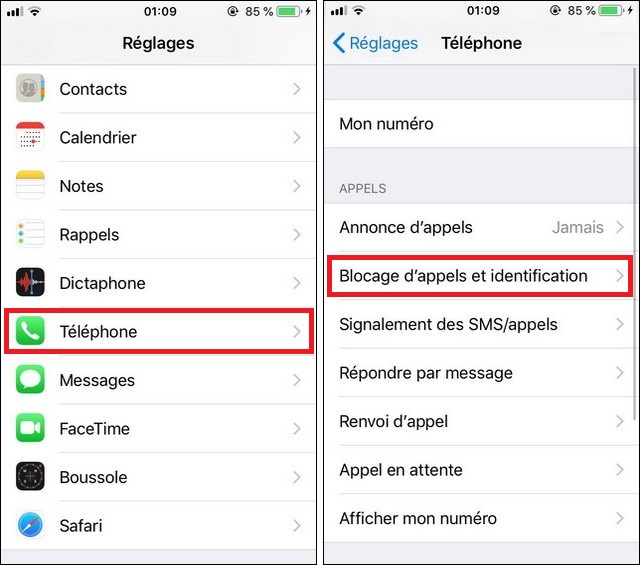 bloquer un contact à partir des paramètres iOS