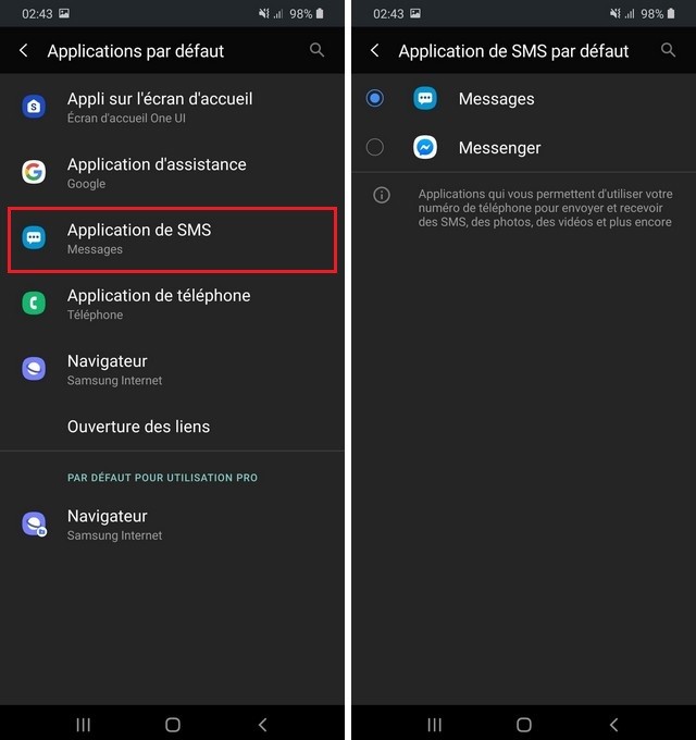 Changer votre application SMS par défaut