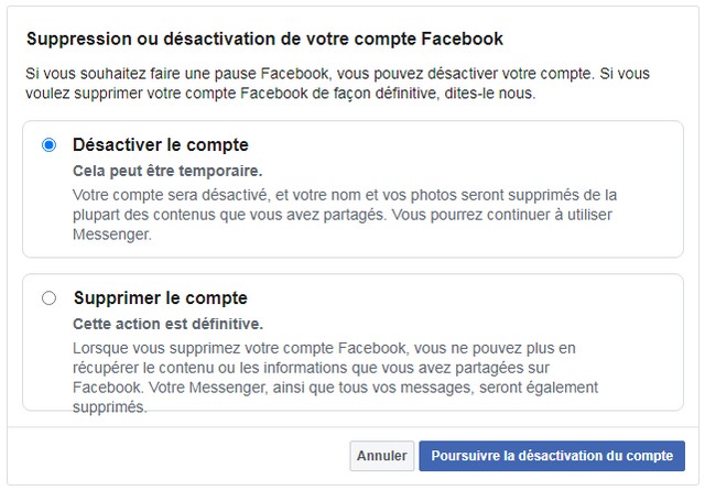 Désactivation de votre compte Facebook