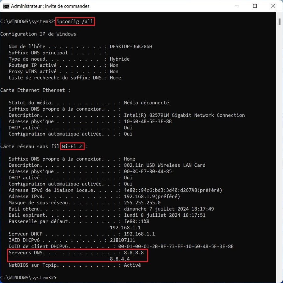 Afficher la configuration réseau actuelle