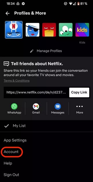 appuyez sur Compte Netflix