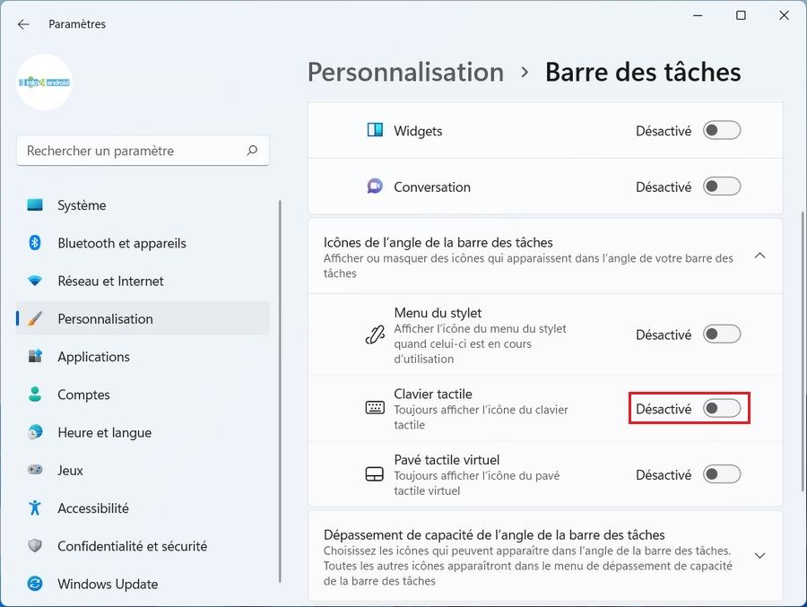 Désactiver le clavier tactile sur windows 11