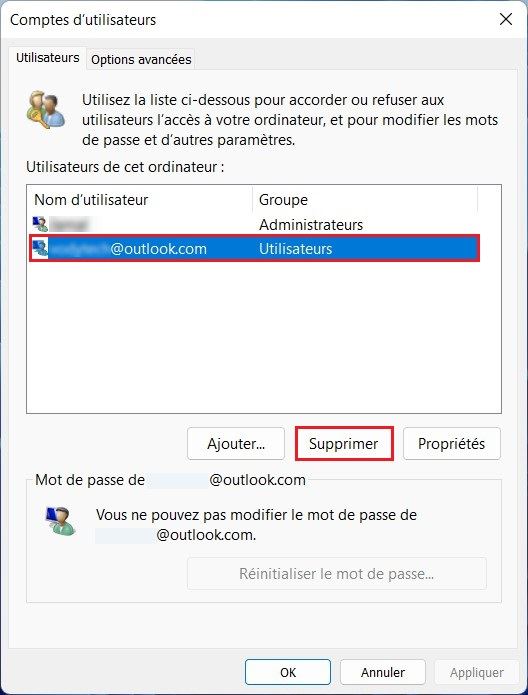 Supprimer un compte utilisateur sous Windows 11