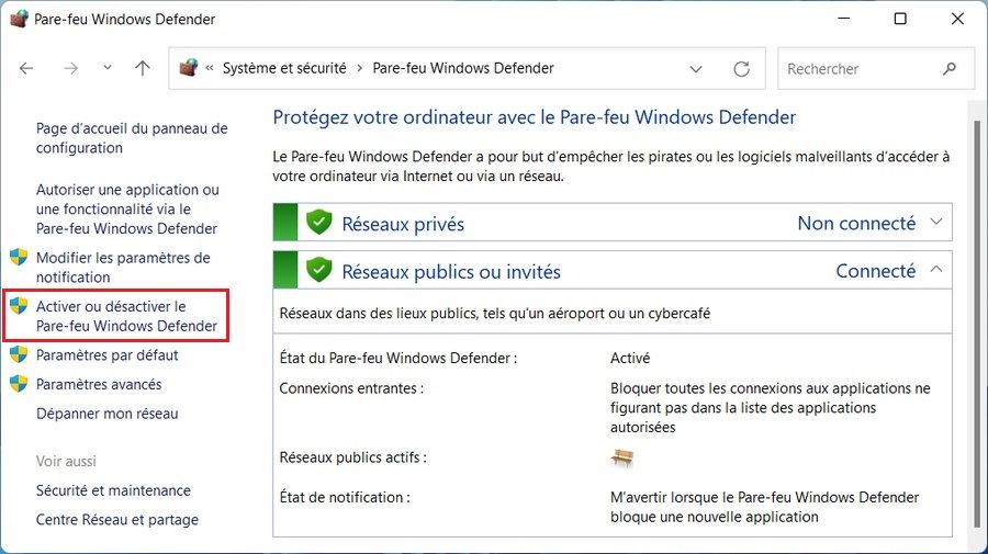 Activer ou désactiver le pare-feu Windows Defender