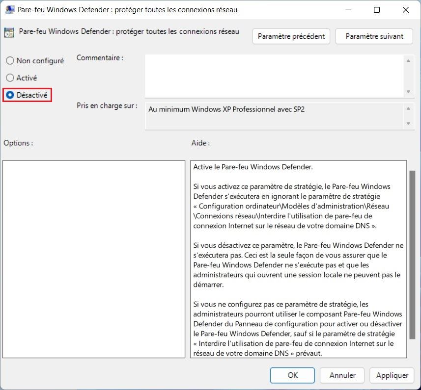 Désactiver le pare-feu à partir de la stratégie de groupe