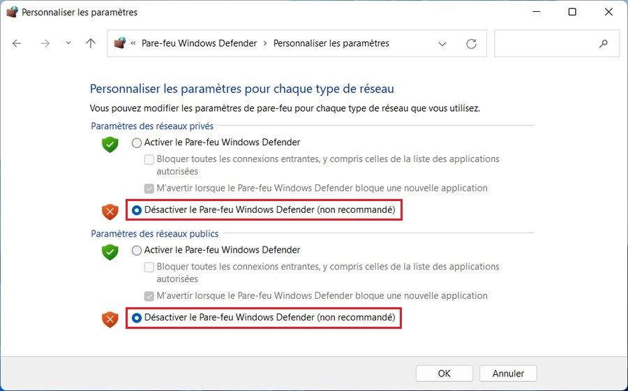 Désactiver le pare-feu à partir du panneau de configuration