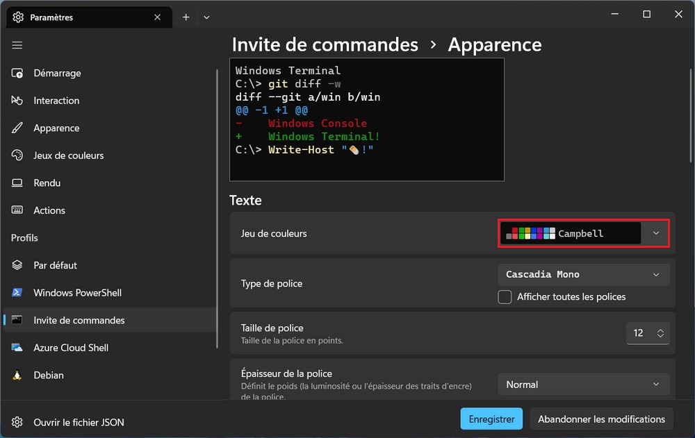 Le jeu de couleurs pour le profil Windows Terminal