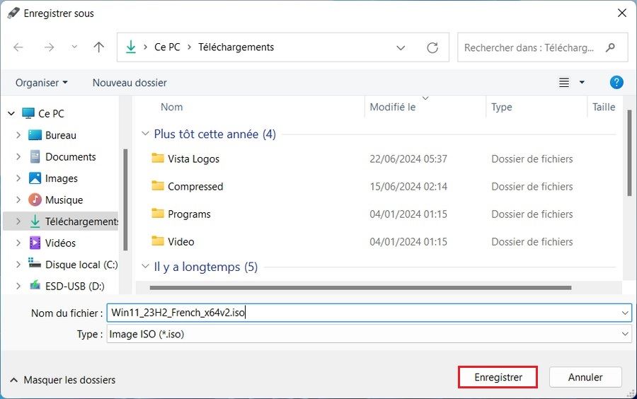 Sélectionnez l'emplacement pour enregistrer le fichier ISO