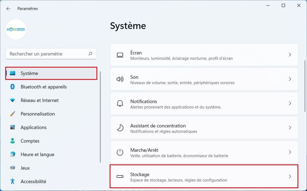 Stockage Windows 11