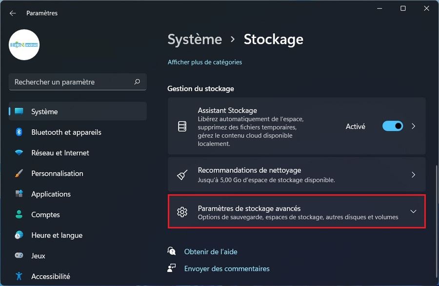 Stockage Windows 11