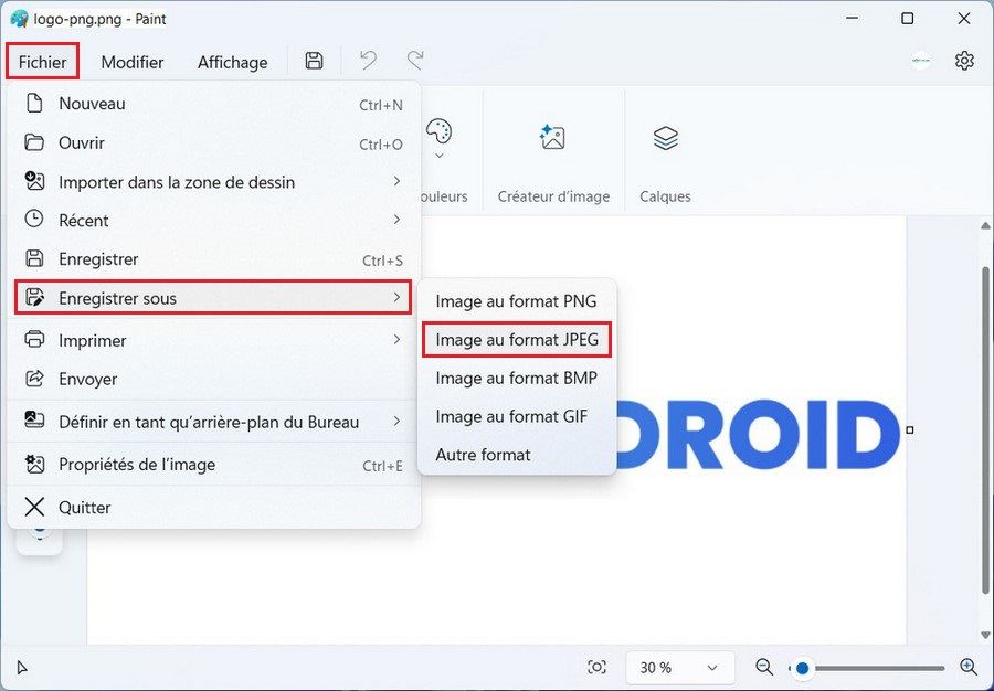Convertir PNG en JPG avec Paint