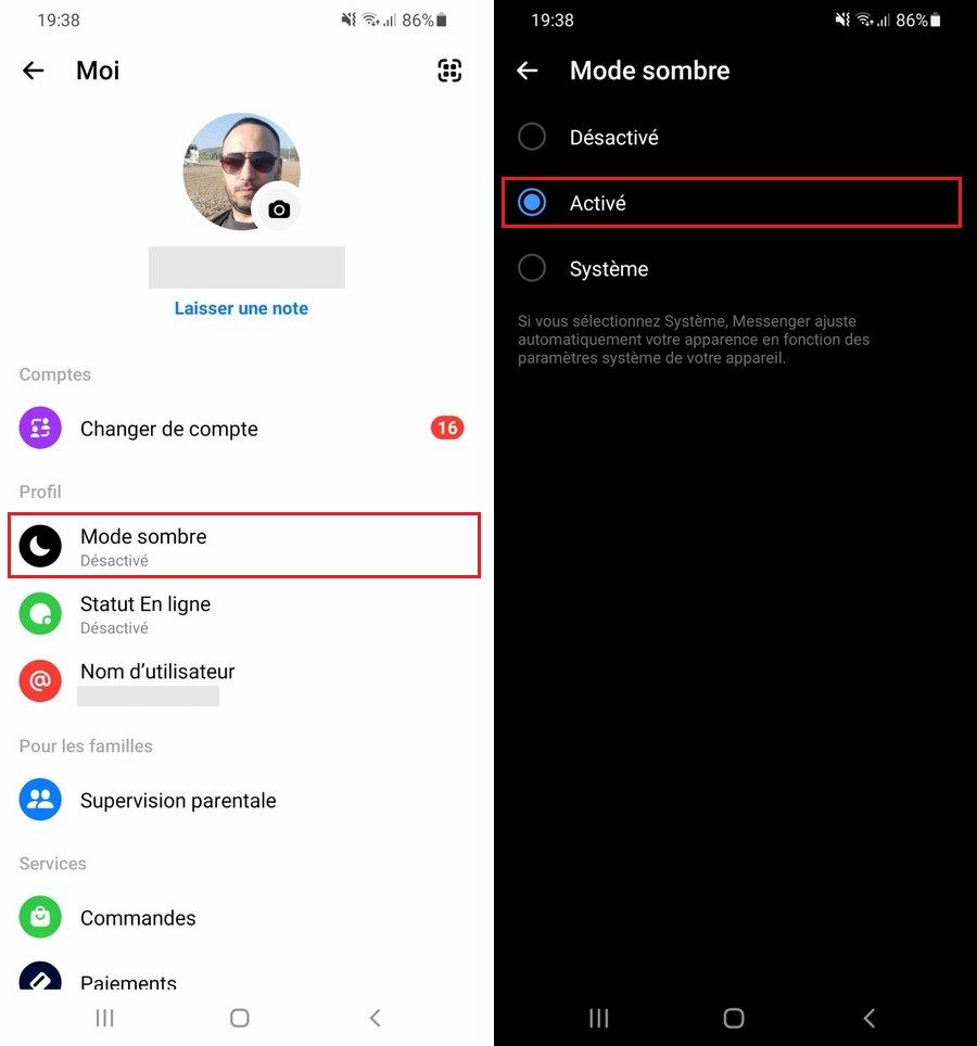 Activer le mode sombre sur Facebook Messenger