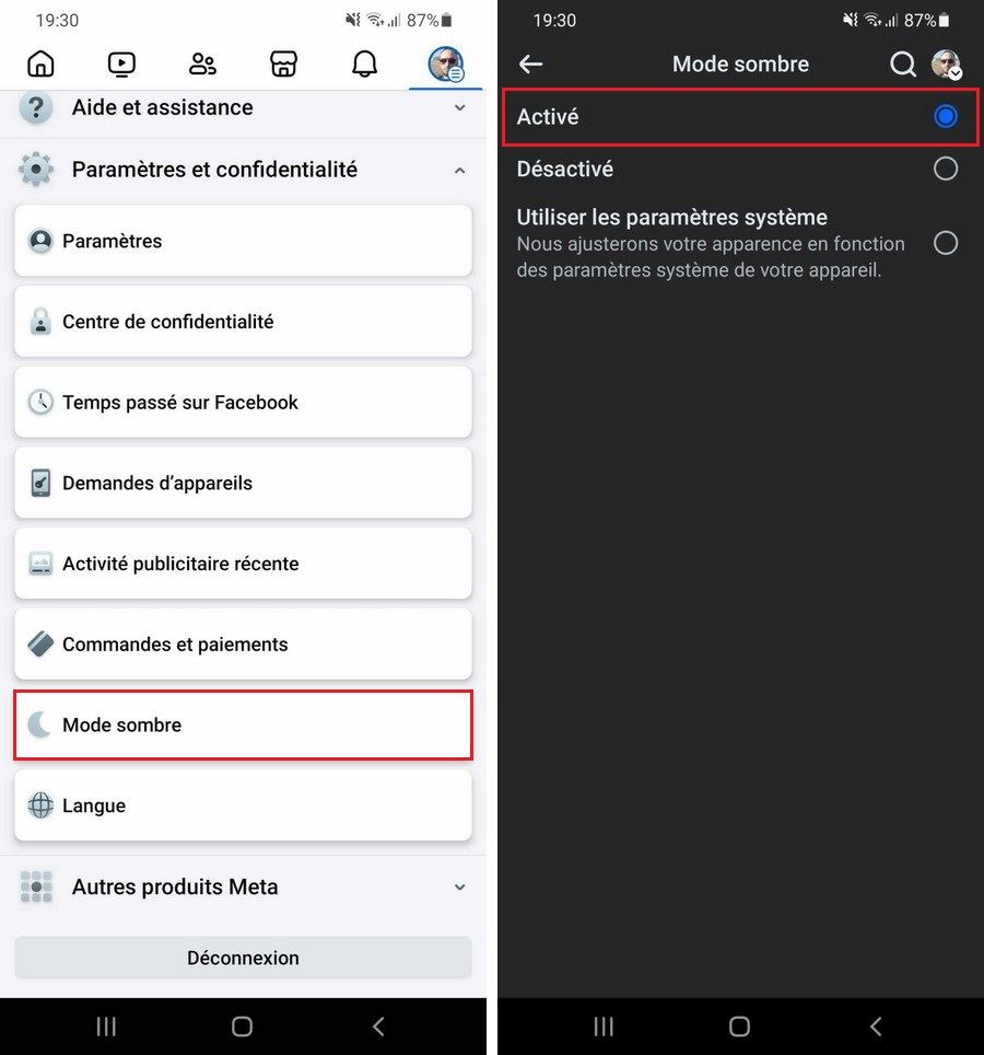 Activer le mode sombre sur l'application Facebook