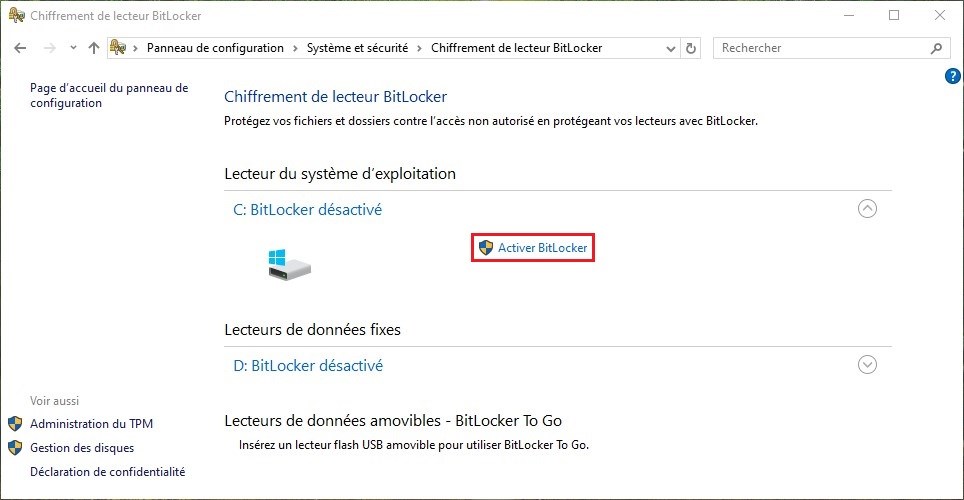 Activer BitLocker Windows 10