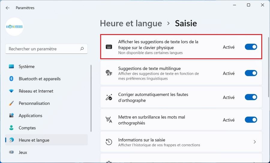 Activer les suggestions de texte sous Windows 11