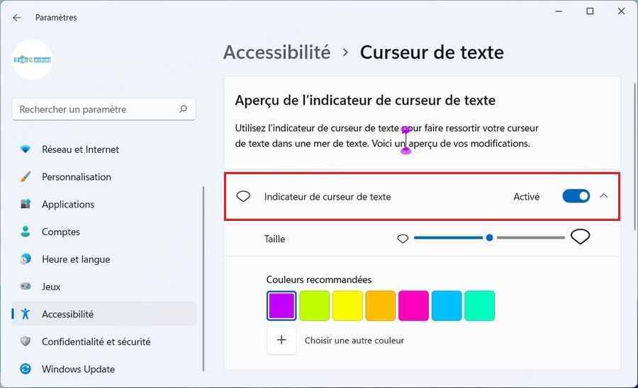 Activer l'indicateur du curseur de texte sous Windows 11