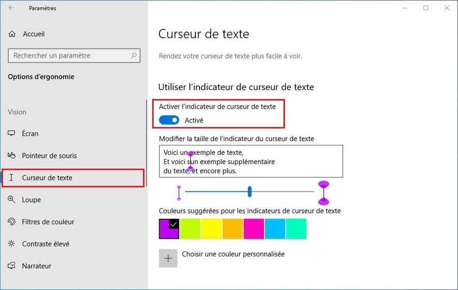 Activer l'indicateur du curseur de texte sur Windows 10