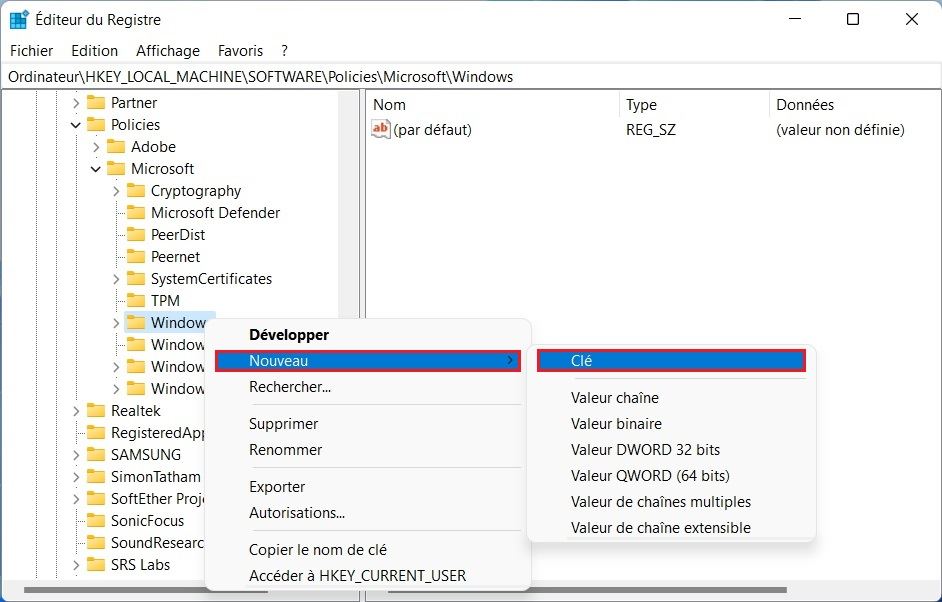 Créer la clé WindowsUpdate dans le registre