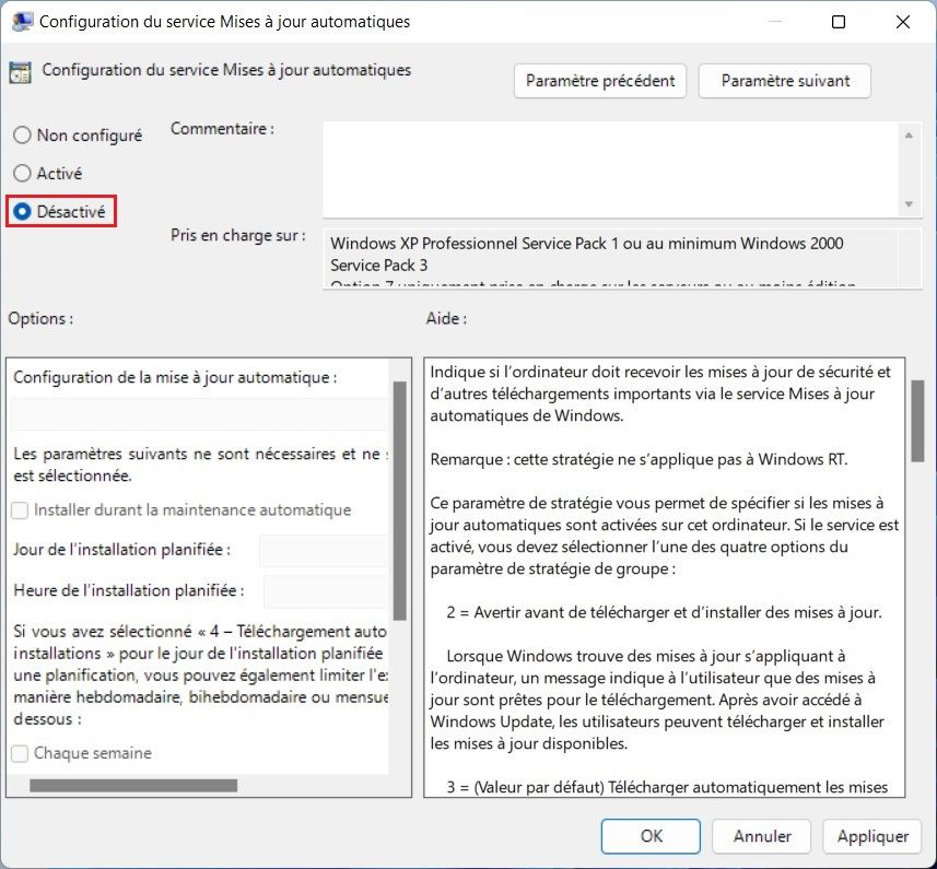 Désactiver les mises à jour à partir de la stratégie de groupe