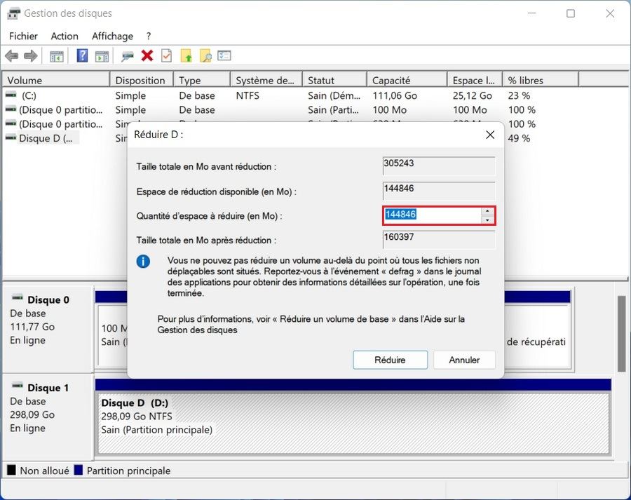 Modifier la taille d'une partition avec la gestion des disques