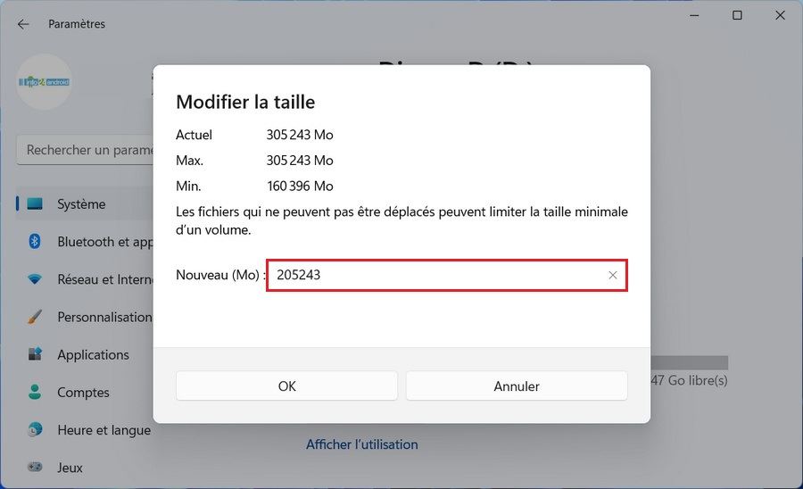 Modifier la taille d'une partition