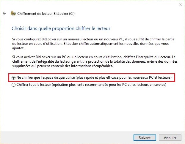 Ne chiffrer que l'espace disque utilisé