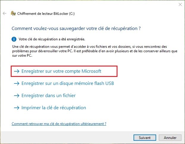 Option de sauvegarder la clé de récupération