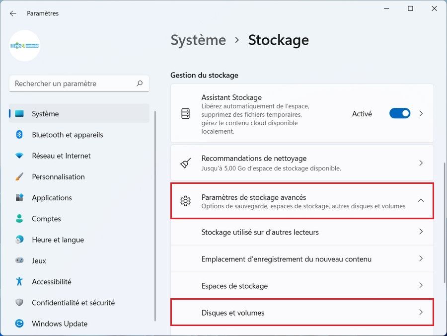 Paramètres de stockage avancés