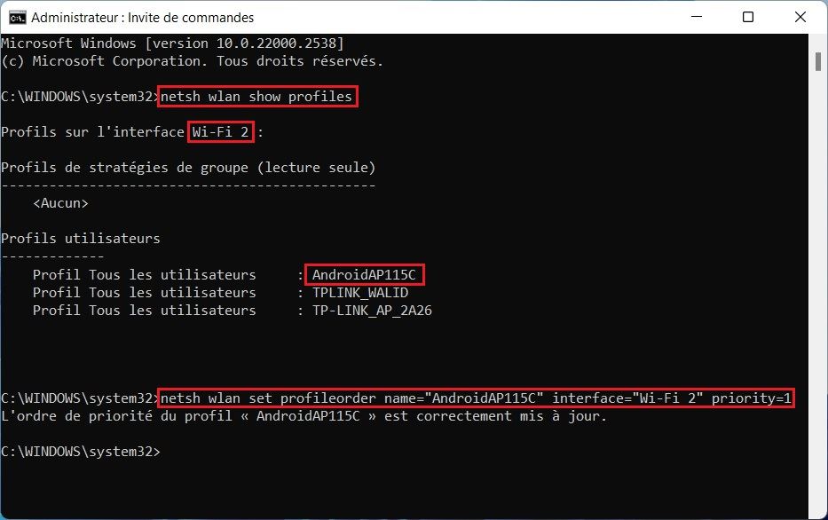 Modifier la priorité des réseaux sans fil WiFi avec l'invite de commande