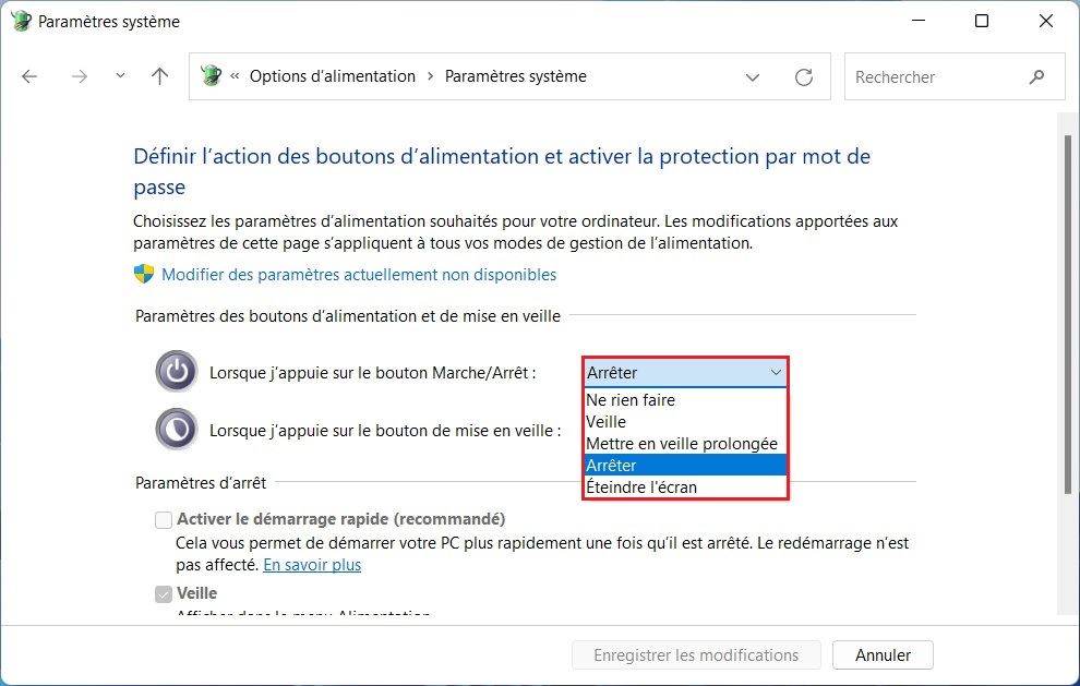 Modifier l'action du bouton d'alimentation sous Windows