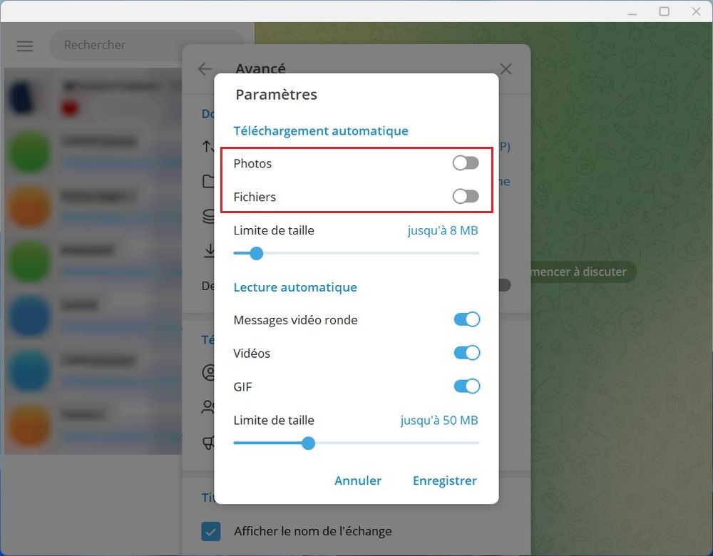 Désactiver le téléchargement automatique sur Telegram Desktop