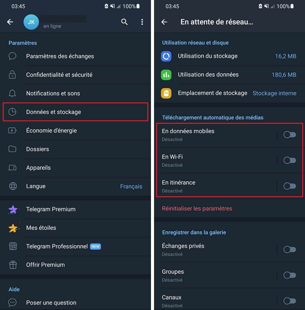 Désactiver le téléchargement automatique sur l'application Telegram