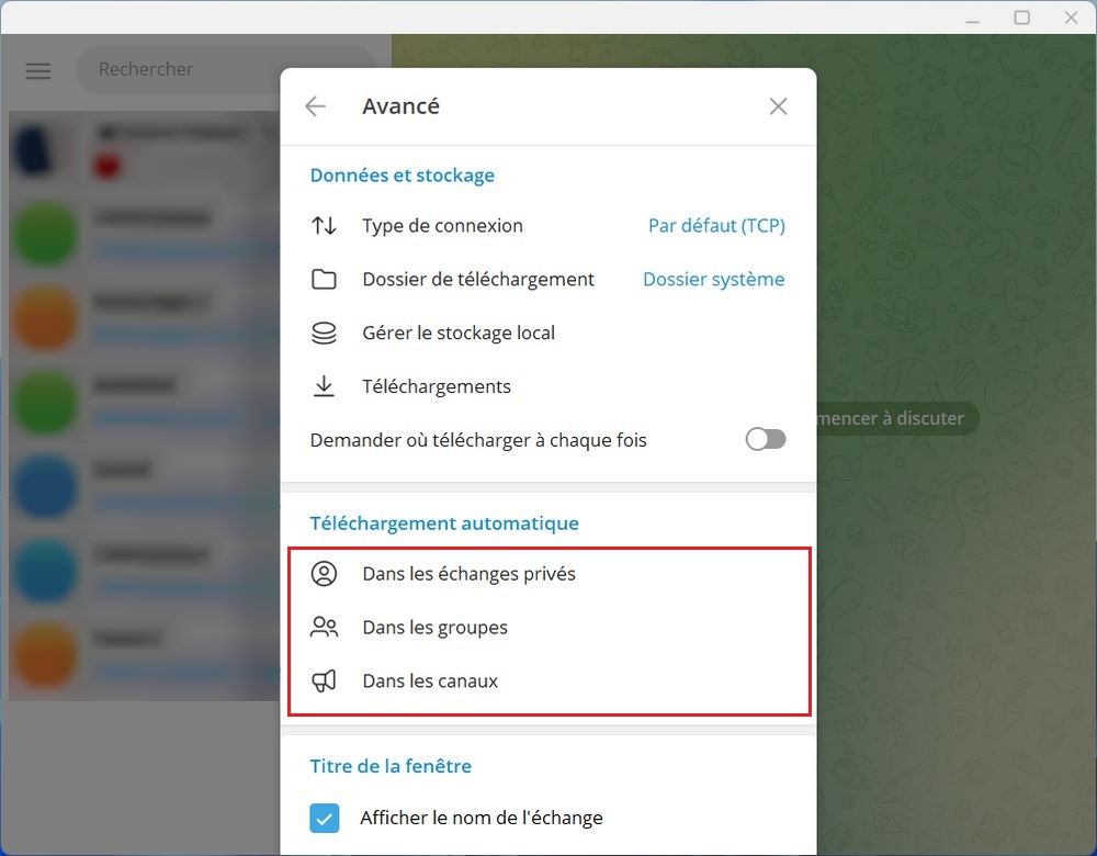 Téléchargement automatique sur Telegram Desktop