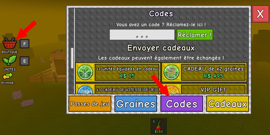 Activer les codes dans Garden Tower Defense